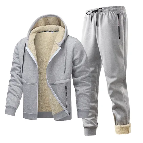 Men Winter Warm Sherpa Lined Tracksuit Hooded Jacket and Pants Casual Thermal Sportswear Top And Bottom Sporty Set