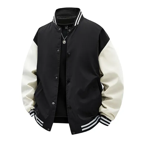Men American Varsity Jacket Color Block Baseball Collar Snap Button Long Sleeve Outerwear Loose Fit Casual Couple Coat
