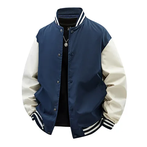 Men American Varsity Jacket Color Block Baseball Collar Snap Button Long Sleeve Outerwear Loose Fit Casual Couple Coat