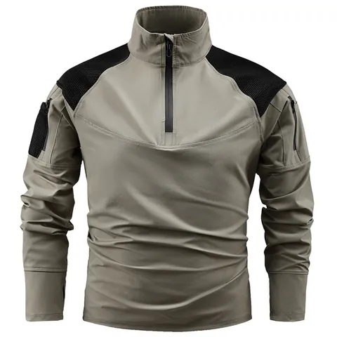 Men Outdoor Quick Dry Sweatshirt Long Sleeve Tactical Patchwork Top Casual Half Zip Stand Collar Breathable Hiking Sport Top