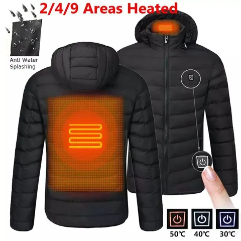 Men Smart USB Heating Padded Jacket Winter Warm Hooded Electric Heated Coat Outdoor Waterproof Puffer Outerwear Top
