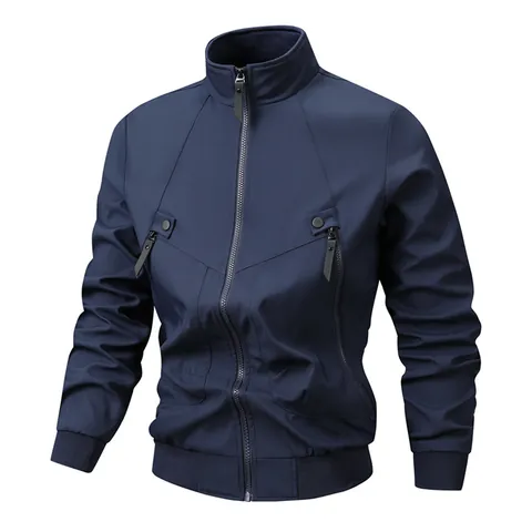 Men Casual Stand Collar Jacket Thin Windproof Outdoor Zip Up Top Polyester Fashion Bomber Outerwear With Plaid Lining For Autumn