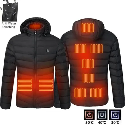 Men Smart USB Heating Padded Jacket Winter Warm Hooded Electric Heated Coat Outdoor Waterproof Puffer Outerwear Top
