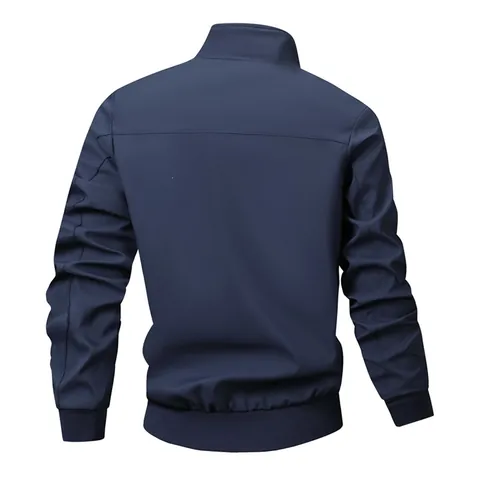 Men Casual Stand Collar Jacket Thin Windproof Outdoor Zip Up Top Polyester Fashion Bomber Outerwear With Plaid Lining For Autumn