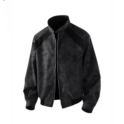 Men American High Street Flight Jacket Polyester Stand Collar Zipper Workwear Jacket Solid Color Ribbed Trim Loose Casual Outerwear Top