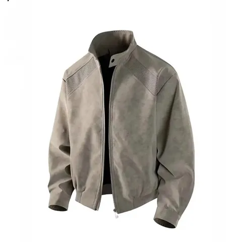 Men American High Street Flight Jacket Polyester Stand Collar Zipper Workwear Jacket Solid Color Ribbed Trim Loose Casual Outerwear Top