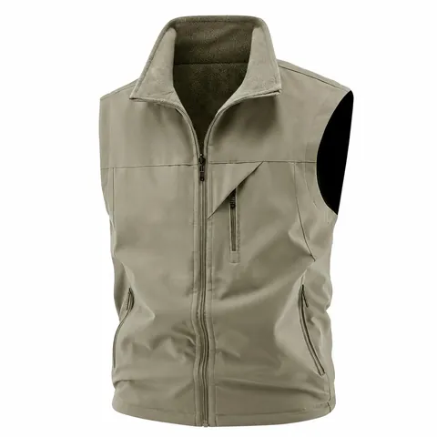 Men Outdoor Leisure Fleece Lined Vest Stand Collar Waterproof Breathable Warm Winter Cotton-Padded Utility Waistcoat Top