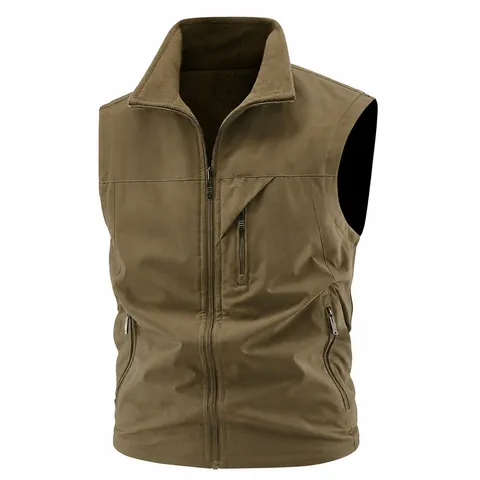 Men Outdoor Leisure Fleece Lined Vest Stand Collar Waterproof Breathable Warm Winter Cotton-Padded Utility Waistcoat Top