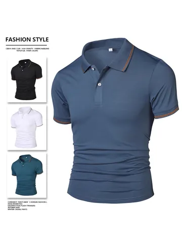 Polo da Uomo Business Casual con Strisce a Contrasto Manica Corta Traspirante in Poliestere Ricamato Abbigliamento Estivo di Moda