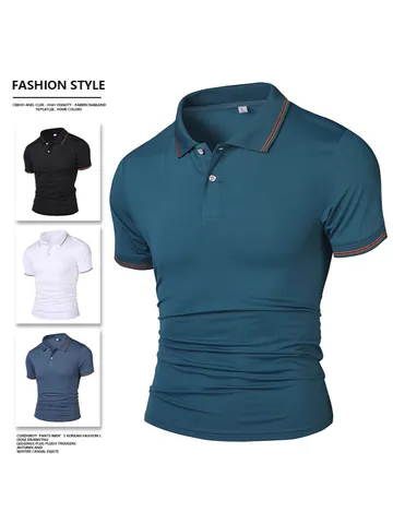 Polo da Uomo Business Casual con Strisce a Contrasto Manica Corta Traspirante in Poliestere Ricamato Abbigliamento Estivo di Moda