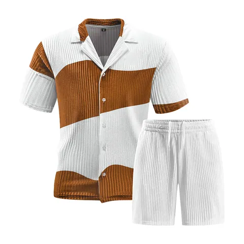 Ανδρικό Casual Καλοκαιρινό Σετ Top And Bottom Polo Με Κυματιστές Ρίγες Κεντητό Μπλούζα Και Σορτς Μόδα Με Κοντό Μανίκι