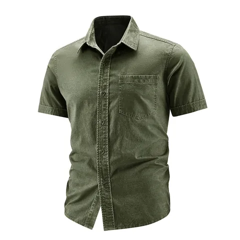 Men's Short Sleeve Washed Cotton Work Shirt American Retro Style Lapel Button Down Casual Cargo Top With Chest Pocket Plus Size
