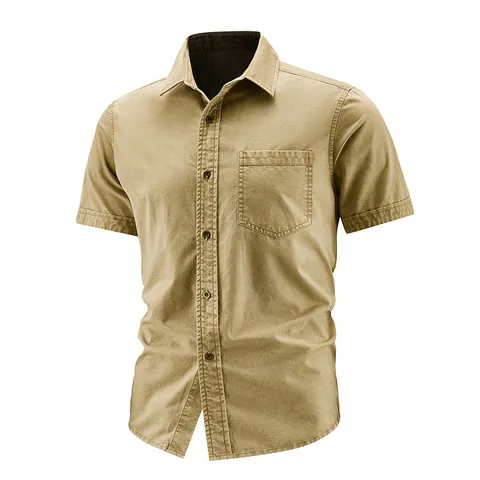 Men's Short Sleeve Washed Cotton Work Shirt American Retro Style Lapel Button Down Casual Cargo Top With Chest Pocket Plus Size