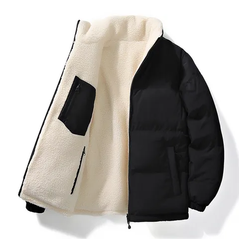 Herren Wendejacke Winter Pufferjacke Lammwolle Verdickter Warmer Mantel Lockerer Stehkragen Reißverschluss Casual Oberbekleidung Top
