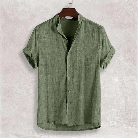 Camicia Casual da Uomo in Cotone Lino Manica Corta Colletto alla Coreana Bottoni Top Estivo con Tasca sul Petto