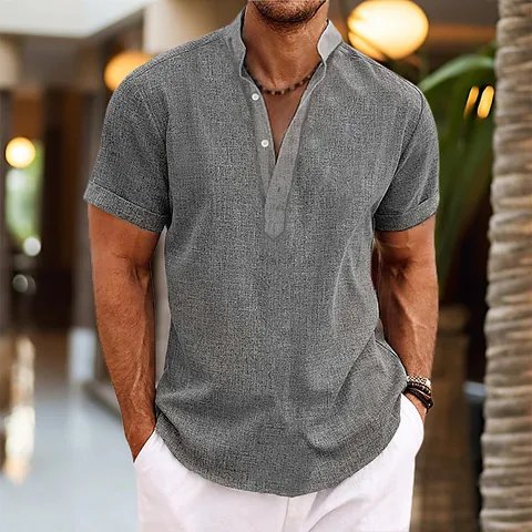 Camicia Henley Casual da Uomo Manica Corta Bottone Collo alla Coreana T-Shirt Estiva Tinta Unita Effetto Lino Top in Poliestere
