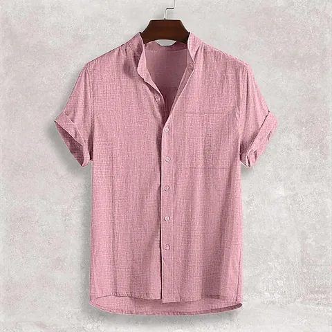 Camicia Casual da Uomo in Cotone Lino Manica Corta Colletto alla Coreana Bottoni Top Estivo con Tasca sul Petto