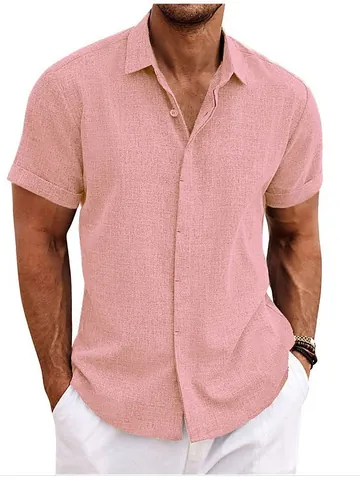 Men Summer Casual Cotton Linen Blend Shirt Solid Color Short Sleeve Button Down Lapel Collar Breathable Top For Men