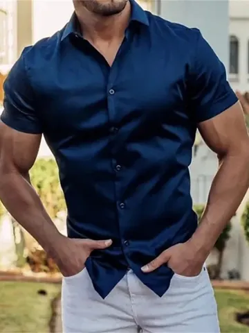 Chemise Décontractée à Manches Courtes pour Hommes Couleur Unie Boutonnée à Revers Coupe Ajustée en Mélange de Coton