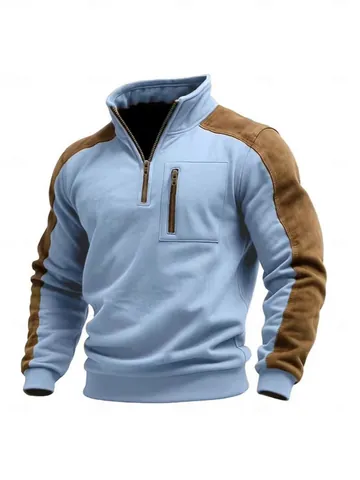Men Stand Collar Quarter Zip Suede Patchwork Sweatshirt Contrast Color Casual Winter Fleece Warm Jacket Sweatshirt Outerwear