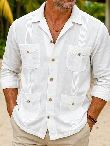 Men Guayabera Linen Cotton Shirt Long Sleeve Casual Cuban Collar Top Multiple Front Pockets White Breathable Western Style