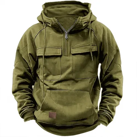 Men Workwear Style Half Zip Hooded Hoodie Loose Fit Solid Color Outdoor Casual Sweatshirt Top