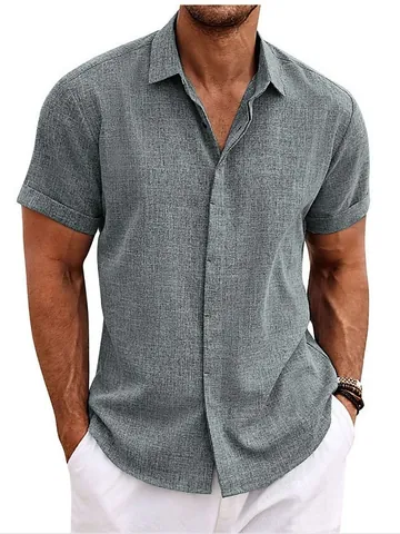 Men Summer Casual Cotton Linen Blend Shirt Solid Color Short Sleeve Button Down Lapel Collar Breathable Top For Men
