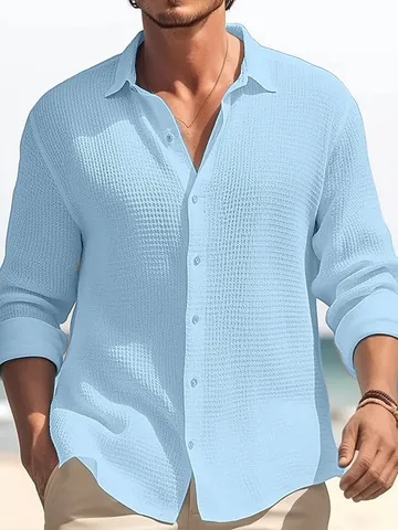 Men Waffle Knit Shirt Long Sleeve Cotton Blend Casual Solid Color Thickened Lapel Button Down Top For Spring Autumn