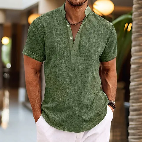 Men's Casual Linen Blend Henley Shirt Solid Color Mandarin Collar Short Sleeve Pullover Top Lightweight Breathable Summer Vacation Wear