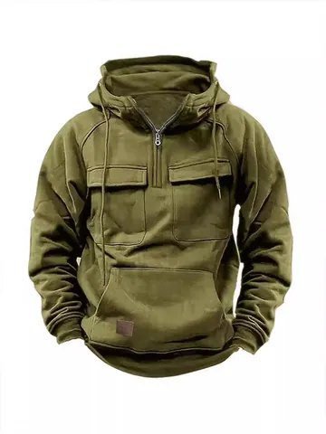 Men Utility Hooded Sweatshirt Solid Color Half-Zip Pullover Multi-Pocket Cotton Blend Top Outdoor Casual Cargo Hoodie