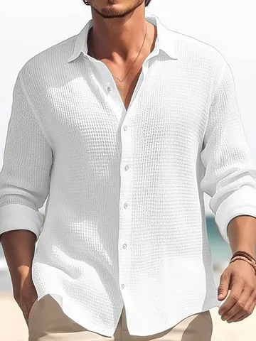 Men Waffle Knit Shirt Long Sleeve Cotton Blend Casual Solid Color Thickened Lapel Button Down Top For Spring Autumn