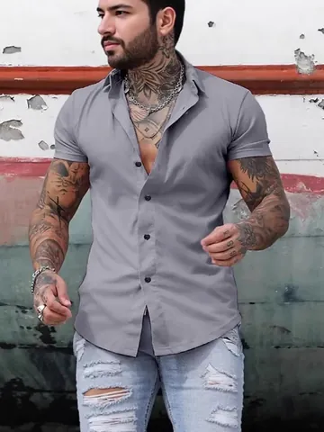 Chemise Décontractée à Manches Courtes pour Hommes Couleur Unie Boutonnée à Revers Coupe Ajustée en Mélange de Coton