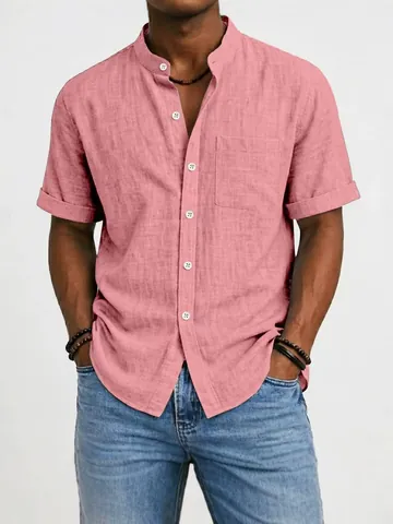Men Stand Collar Short Sleeve Polyester Shirt Linen Texture Summer Casual Button Down Top Solid Color Loose Fit Fashion Shirt