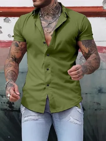 Camisa de Manga Corta Informal para Hombre Corte Ajustado Color Sólido Solapa con Botones Top de Verano de Mezcla de Algodón y Poliéster Estilo Urbano de Moda