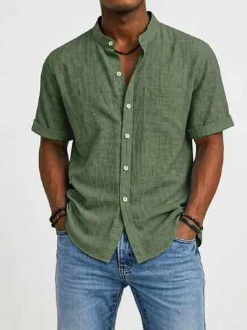 Men Stand Collar Short Sleeve Polyester Shirt Linen Texture Summer Casual Button Down Top Solid Color Loose Fit Fashion Shirt