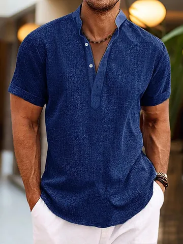 Men's Casual Cotton Blend Short Sleeve Henley Shirt Stand Collar Button Placket Solid Color Summer Vacation Breathable Top