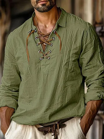 Camisa de Mezcla de Algodón y Lino Casual para Hombre Retro Cordones Escote en V Manga Larga Corte Holgado Henley Top Color Sólido