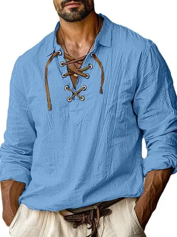 Camisa de Mezcla de Algodón y Lino Casual para Hombre Retro Cordones Escote en V Manga Larga Corte Holgado Henley Top Color Sólido