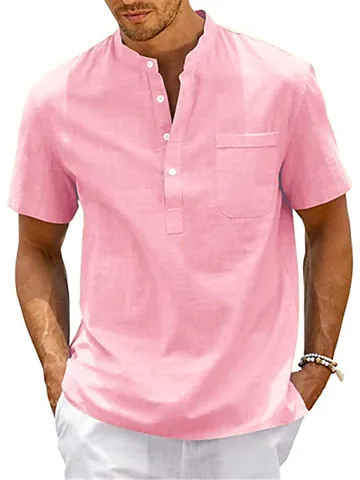 Camisa Henley para Hombre Manga Corta Cuello Alto Mezcla de Algodón Poliéster Top Casual Color Sólido Camisa de Playa