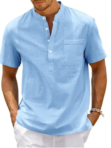 Camisa Henley para Hombre Manga Corta Cuello Alto Mezcla de Algodón Poliéster Top Casual Color Sólido Camisa de Playa
