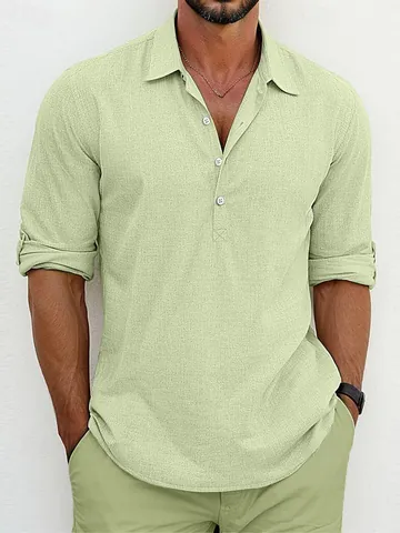 Men Casual Cotton Blend Linen Look Henley Shirt Long Sleeve Turn Down Collar Solid Color Summer Breathable Lightweight Top