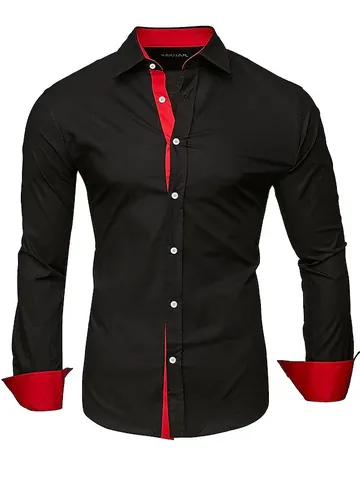 Camicia da Uomo Smart Casual a Maniche Lunghe Cuciture in Contrasto di Colore Revers Misto Cotone Slim Fit Traspirante