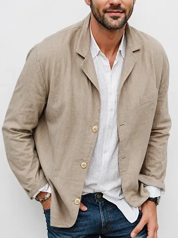 Men's Casual Cotton Linen Blazer Loose Fit Long Sleeve Notch Lapel Single Breasted Jacket For Spring Autumn Daily Wear Top