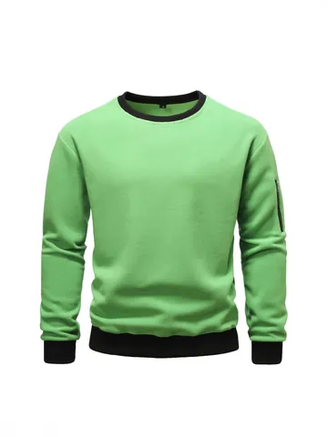 Men European Size Polar Fleece Sweatshirt Round Neck Long Sleeve Top With Sleeve Zipper Pocket Solid Color Casual Pullover