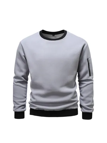 Men European Size Polar Fleece Sweatshirt Round Neck Long Sleeve Top With Sleeve Zipper Pocket Solid Color Casual Pullover