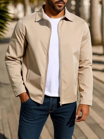 Men's Casual Windproof Jacket Polyester Waterproof Zip Up Outdoor Coat Raglan Sleeve Turn-down Collar Jacket For Autumn