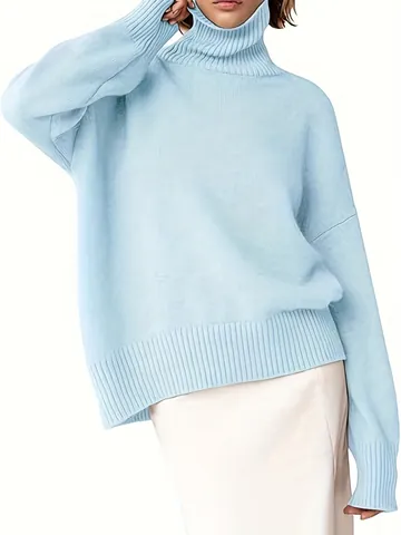 Suéter de Punto de Poliéster y Viscosa con Cuello Vuelto para Mujer Camiseta de Manga Larga Holgada E Informal Top de Punto de Otoño e Invierno