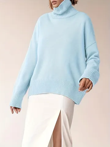 Suéter de Punto de Poliéster y Viscosa con Cuello Vuelto para Mujer Camiseta de Manga Larga Holgada E Informal Top de Punto de Otoño e Invierno
