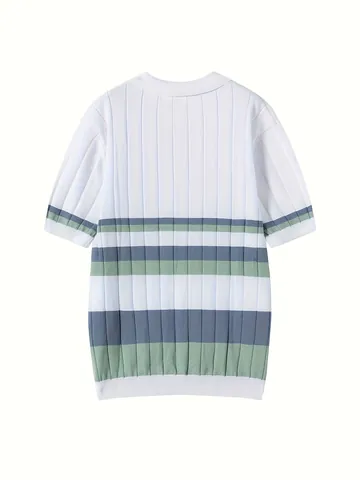Polo de Punto a Rayas para Hombre Poliéster Manga Corta Transpirable Moda Corte Holgado Verano Solapa Top Casual