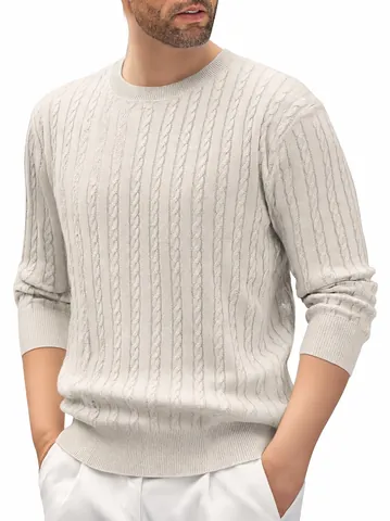 Suéter de Punto Trenzado para Hombre Color Sólido Cuello Redondo Pullover Poliéster Manga Larga Ajuste Ceñido para Primavera Otoño